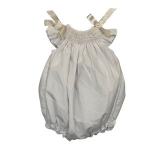 Bow Peep Smocked Bubble Romper Baby 12M Ivory Heirloom Style Satin Bows